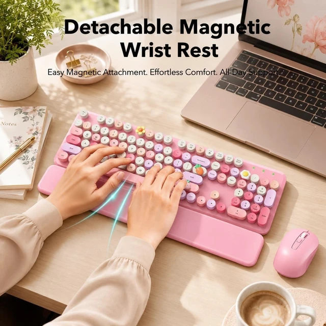 Alt view image 2 of 5 - Wireless Keyboard and Mouse Combo, Round Keycaps, Magnetic Wrist Rest, Pink