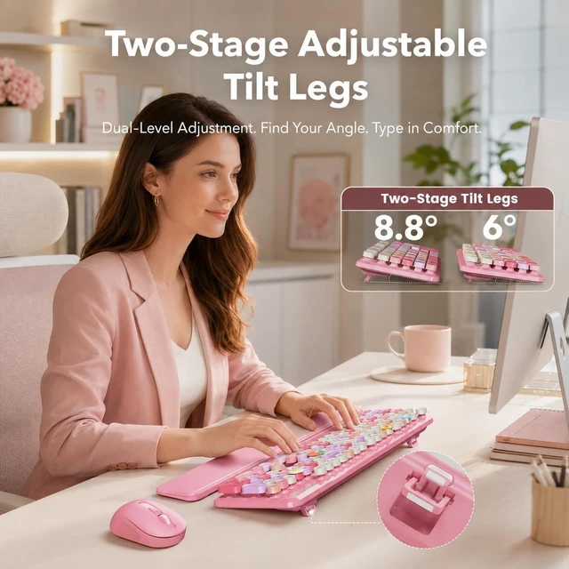 Alt view image 4 of 5 - Wireless Keyboard and Mouse Combo, Round Keycaps, Magnetic Wrist Rest, Pink