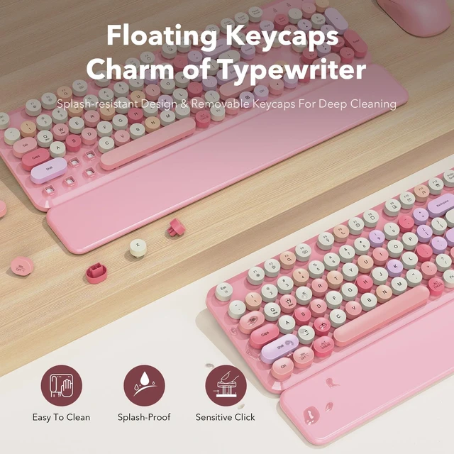 Alt view image 3 of 5 - Wireless Keyboard and Mouse Combo, Round Keycaps, Magnetic Wrist Rest, Pink