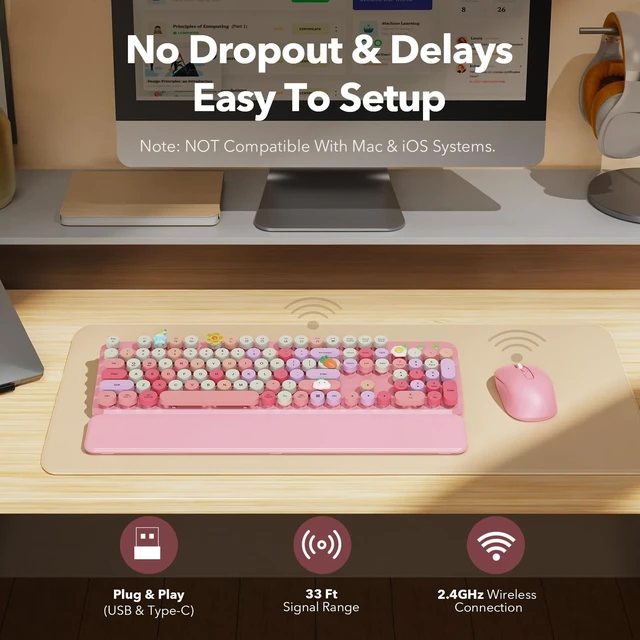 Alt view image 5 of 5 - Wireless Keyboard and Mouse Combo, Round Keycaps, Magnetic Wrist Rest, Pink