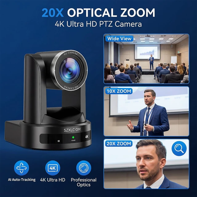 Alt view image 3 of 5 - SZXLCOM 4K PTZ Camera with AI Auto Tracking, 20X Optical Zoom, HDMI USB 3.0 LAN PoE, Supports TF Card Recording, Conference Camera for Church, Education, Meetings and Live Streaming