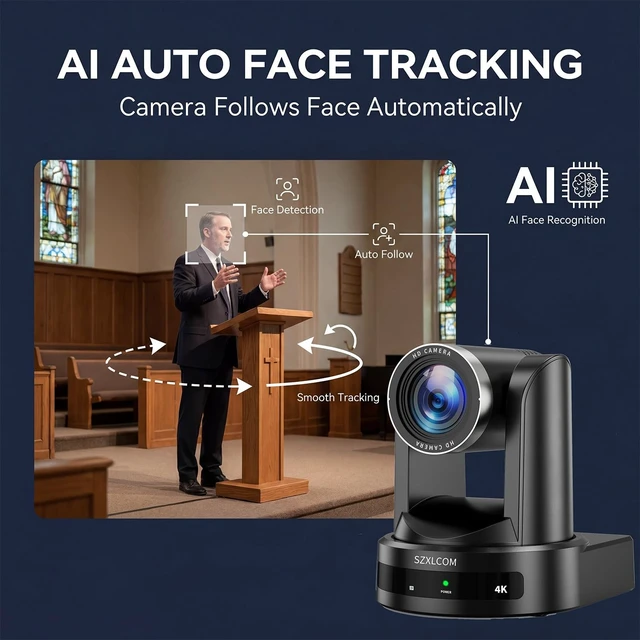 Alt view image 4 of 5 - SZXLCOM 4K PTZ Camera with AI Auto Tracking, 20X Optical Zoom, HDMI USB 3.0 LAN PoE, Supports TF Card Recording, Conference Camera for Church, Education, Meetings and Live Streaming