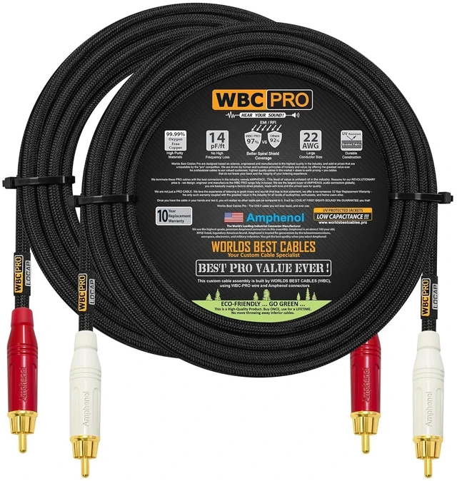 Main image of 18 Foot RCA Cable Pair - WBC-PRO-LOCAP Low-Capacitance (14pF/ft) 22 AWG Ultra-Silent Audiophile & Professional-Grade Audio Interconnect Cable with Amphenol ACPR Gold RCA Plugs & Black Tweed Jacket