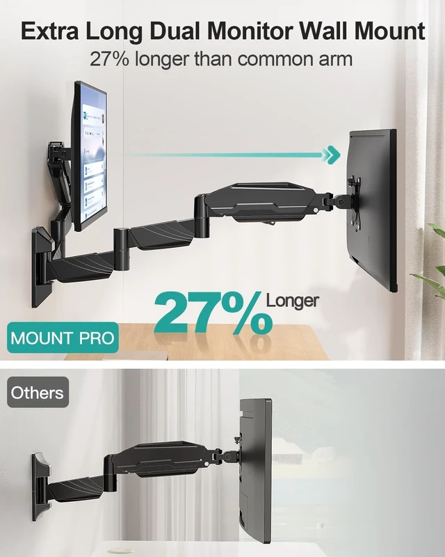 Alt view image 3 of 5 - MOUNT PRO Long Arm Dual Monitor Wall Mount for Max 32" Screens, Max 17.6lbs