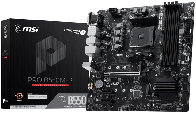Main image of MSI PRO B550M-P Motherboard, mATX - Supports AMD Ryzen 5000/5000 G-Series, 4000 G-Series, 3000/3000 G-Series Desktop Processors, AM4 - DDR4 Memory Boost (up to 4400+ MT/s OC), PCIe 4.0 x16, M.2 Ge
