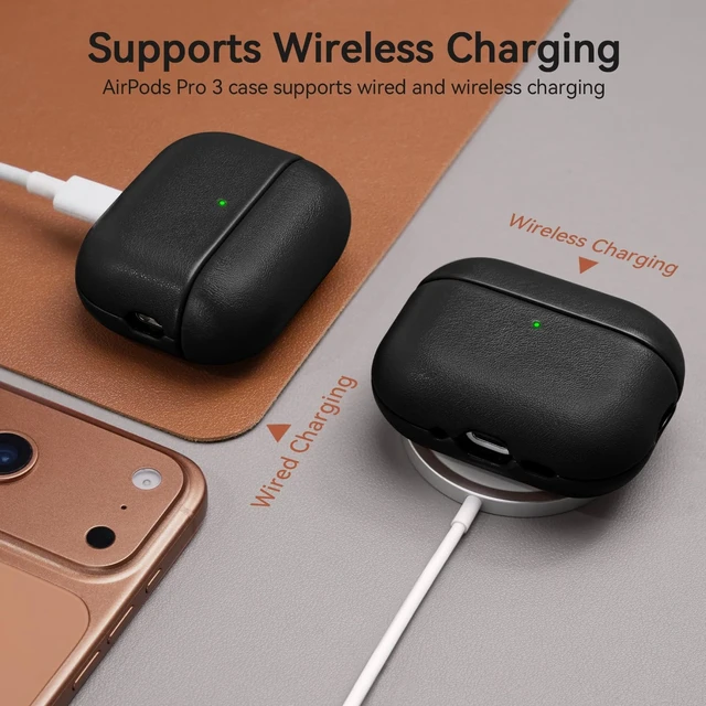 Alt view image 5 of 5 - Ensfomte for AirPod Pro 3 Case, Geniune Leather Case, Compatible with AirPods Pro 3rd Generation Case (2025), AirPods Pro 3 case Leather Protective Cover with Lanyard & Cleaner Kit