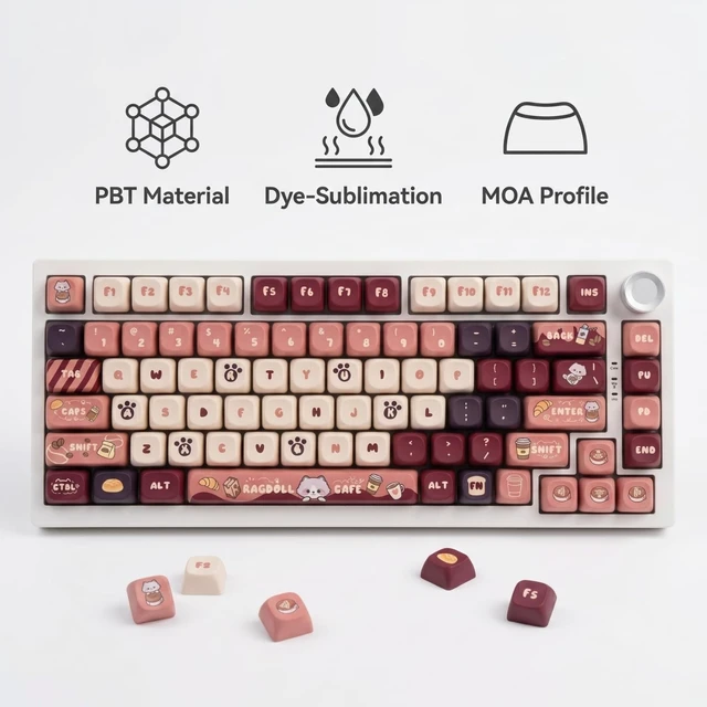 Alt view image 2 of 5 - Thyrnovyn 125 Keys MOA Profile Cat Coffee Keycaps Set, PBT Dye Sublimation Cute Ragdoll Cafe Keycaps for Mechanical Keyboard, Custom for 61/64/68/75/87/96/98/100/104/108 Layouts, Cherry Mx Switches