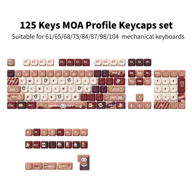Alt view image 3 of 5 - Thyrnovyn 125 Keys MOA Profile Cat Coffee Keycaps Set, PBT Dye Sublimation Cute Ragdoll Cafe Keycaps for Mechanical Keyboard, Custom for 61/64/68/75/87/96/98/100/104/108 Layouts, Cherry Mx Switches