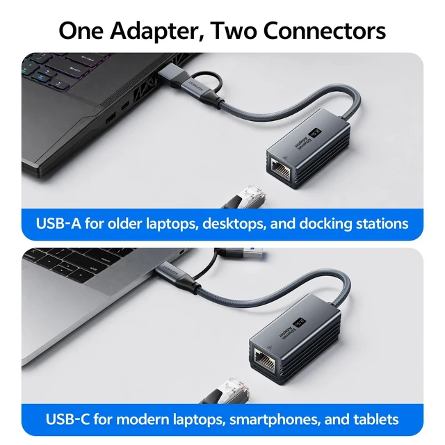 Alt view image 3 of 5 - 2.5G USB to Ethernet Adapter, 2-in-1 USB-C & USB-A Gigabit Network Adapter