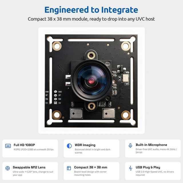 Alt view image 3 of 5 - Pibiger U20-GC2053-1080PW USB 2.0 UVC Camera Module Support WDR,30 fps @ 1920x1080 (MJPG),5fps @ 1920x1080 (YUYV),Audio/Microphone,Windows/Mac/Linux Python