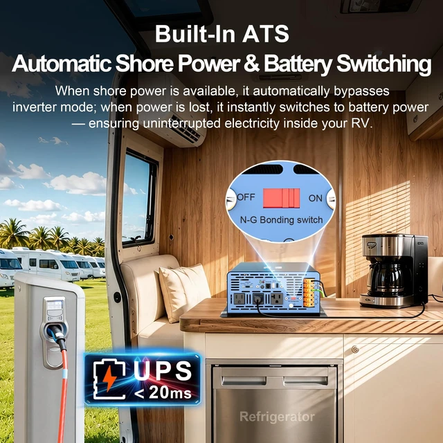 Alt view image 2 of 5 - 24V 3000W Pure Sine Wave Inverter with ATS, Shore Power Auto Bypass, 6100W Surge, 35 amps Hardwire Terminal for RV, Truck, Off-Grid Solar