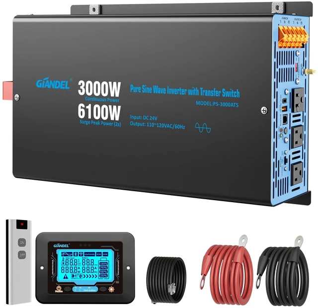 Main image of 24V 3000W Pure Sine Wave Inverter with ATS, Shore Power Auto Bypass, 6100W Surge, 35 amps Hardwire Terminal for RV, Truck, Off-Grid Solar