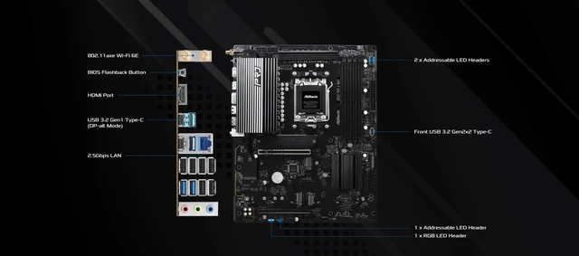 Alt view image 3 of 5 - ASRock AMD B850 Pro A WiFi 6E Socket AM5 Ryzen 9000, 8000 and 7000 Series DDR5 up to 8000+ (OC) MHz 256GB ATX Motherboard M.2 SATA3 6.0 Gb/s PCIe 5.0 BIOS Flashback Realtek 2.5G LAN