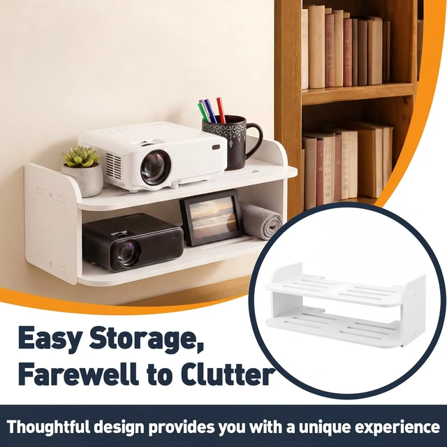 Alt view image 2 of 5 - Hoteam 2-Tier Projector Shelf for Wall, Floating Wall Mount Projector Shelf, No Drill Floating White Rack Holder for Router, TV Accessories, Game Console DVD Players, Cable Boxes