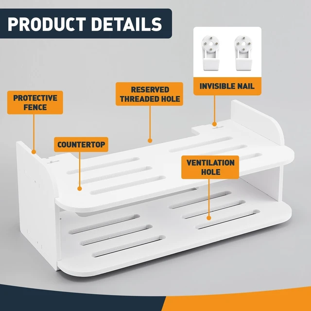 Alt view image 5 of 5 - Hoteam 2-Tier Projector Shelf for Wall, Floating Wall Mount Projector Shelf, No Drill Floating White Rack Holder for Router, TV Accessories, Game Console DVD Players, Cable Boxes
