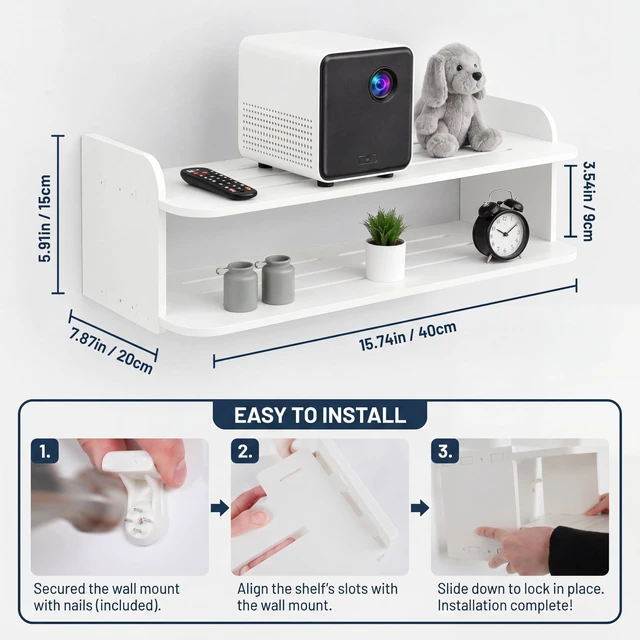 Alt view image 3 of 5 - Hoteam 2-Tier Projector Shelf for Wall, Floating Wall Mount Projector Shelf, No Drill Floating White Rack Holder for Router, TV Accessories, Game Console DVD Players, Cable Boxes