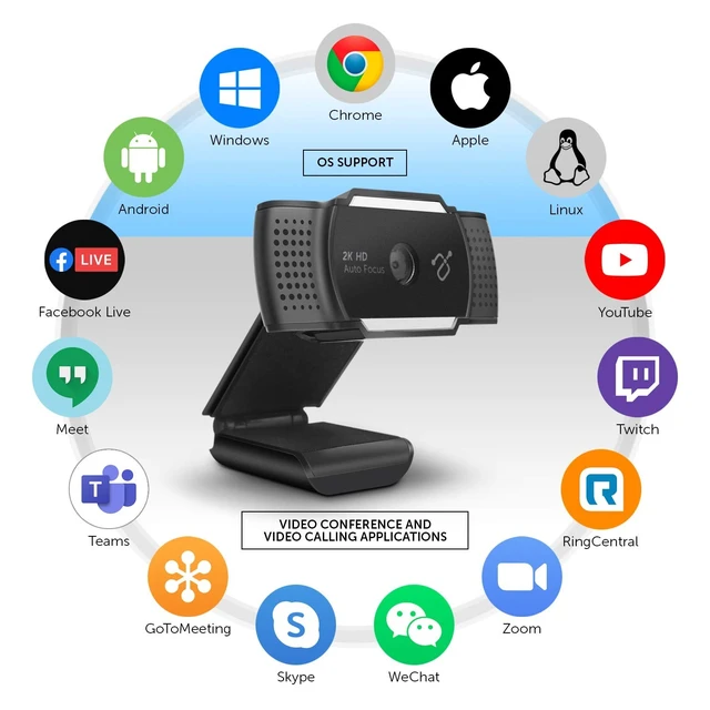 Alt view image 3 of 5 - Aluratek 2K HD Webcam with Dual Stereo Noise Cancelling Mics, Auto Focus and Low Light Correction, Built-in Tripod Mount, Universally Compatible