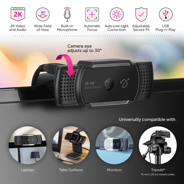 Alt view image 4 of 5 - Aluratek 2K HD Webcam with Dual Stereo Noise Cancelling Mics, Auto Focus and Low Light Correction, Built-in Tripod Mount, Universally Compatible