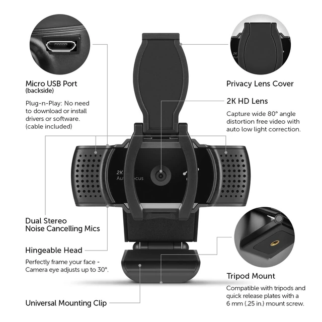 Alt view image 5 of 5 - Aluratek 2K HD Webcam with Dual Stereo Noise Cancelling Mics, Auto Focus and Low Light Correction, Built-in Tripod Mount, Universally Compatible
