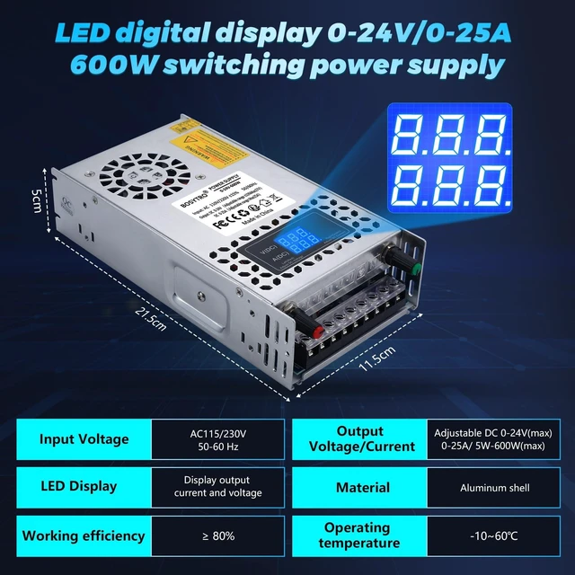 Alt view image 2 of 5 - BOSYTRO 24V Adjustable dc Power Supply 600W,Switching Power Supply AC 110V/220V to DC 0-24V DC Converter with LED Digital Display, 5V 10V 12V 24V Buck Converter for 3D Printer,CCTV Computer Lab