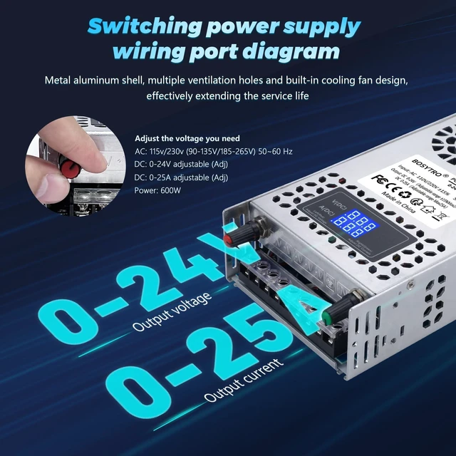 Alt view image 4 of 5 - BOSYTRO 24V Adjustable dc Power Supply 600W,Switching Power Supply AC 110V/220V to DC 0-24V DC Converter with LED Digital Display, 5V 10V 12V 24V Buck Converter for 3D Printer,CCTV Computer Lab