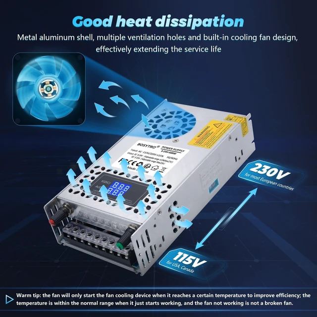 Alt view image 3 of 5 - BOSYTRO 24V Adjustable dc Power Supply 600W,Switching Power Supply AC 110V/220V to DC 0-24V DC Converter with LED Digital Display, 5V 10V 12V 24V Buck Converter for 3D Printer,CCTV Computer Lab