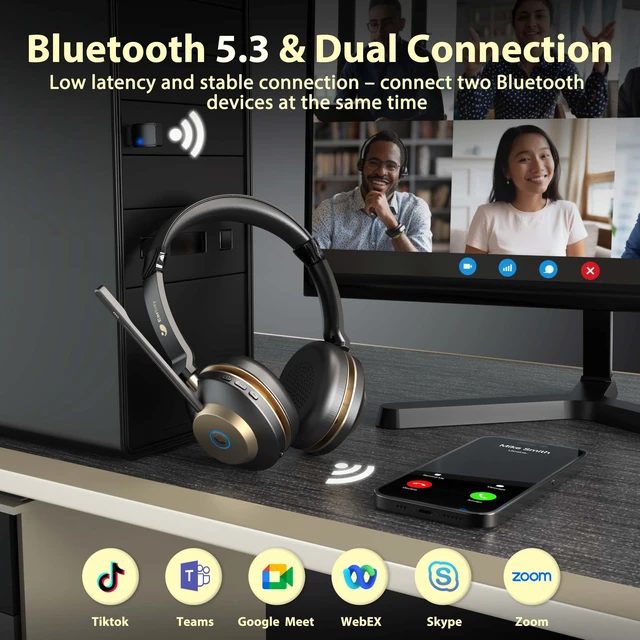 Alt view image 2 of 5 - Earbay 5.3 Bluetooth Headset with USB Dongle & Noise Canceling Mic, Wireless Headset with Mic for Work, 50Hrs Playtime Wireless Headphones with Charge Dock & Mic Mute, for PC/Laptop/Phon