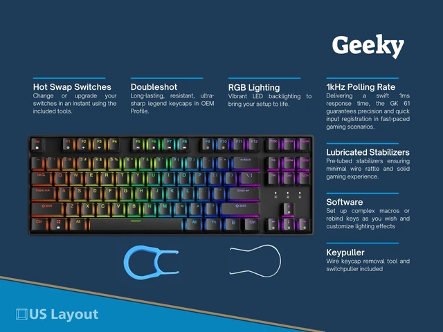 Alt view image 2 of 5 - Geeky GK80 Tenkeyless ^^ Hot Swappable Mechanical Gaming Keyboard ^^ 87 Keys Multi Color RGB LED Backlit for PC/Mac Gamer ^^ ANSI US American Layout (Black, Mechanical Speed Yellow)