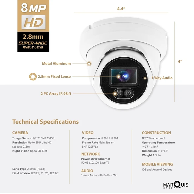 Alt view image 3 of 5 - Marquis 8MP PoE IP Turret Dome Camera with Microphone/Audio, IP Security Camera Outdoor Rated, 98ft IR Night Vision, Waterproof IP66, 108 Wide Angle 2.8mm Lens