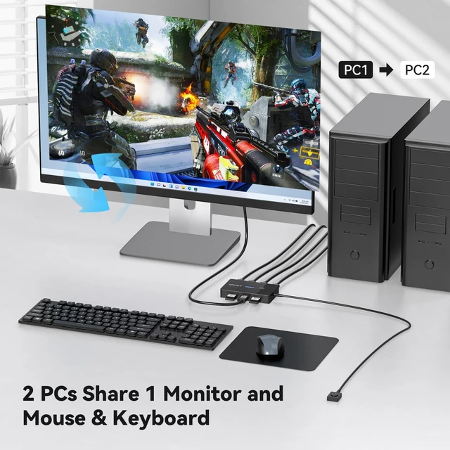 Alt view image 3 of 5 - 8K HDMI KVM Switch 1 Monitors 2 Computers 4K@120Hz KVM Switches 2 Port for 2 Computers Share Keyboard Mouse and one HD Monitor, with Desktop Controller and 2 USB Cables