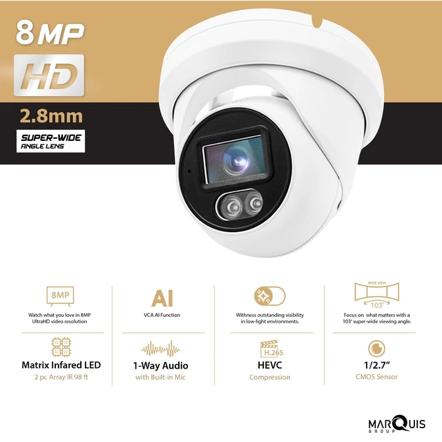 Alt view image 4 of 5 - Marquis 8MP PoE IP Turret Dome Camera with Microphone/Audio, IP Security Camera Outdoor Rated, 98ft IR Night Vision, Waterproof IP66, 108 Wide Angle 2.8mm Lens