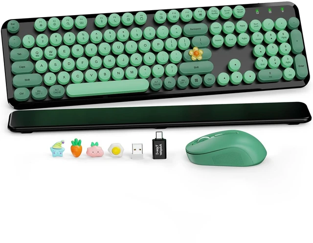 Main image of Wireless Keyboard and Mouse, Round Keycap, Magnetic Wrist Rest, Green Black