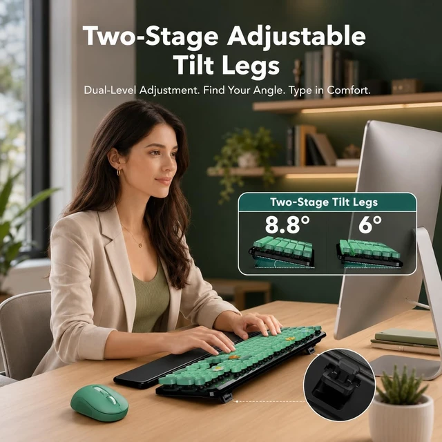 Alt view image 2 of 5 - Wireless Keyboard and Mouse, Round Keycap, Magnetic Wrist Rest, Green Black