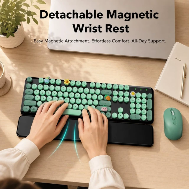 Alt view image 3 of 5 - Wireless Keyboard and Mouse, Round Keycap, Magnetic Wrist Rest, Green Black