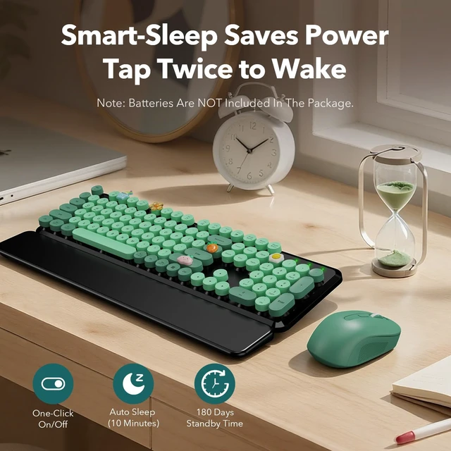 Alt view image 5 of 5 - Wireless Keyboard and Mouse, Round Keycap, Magnetic Wrist Rest, Green Black