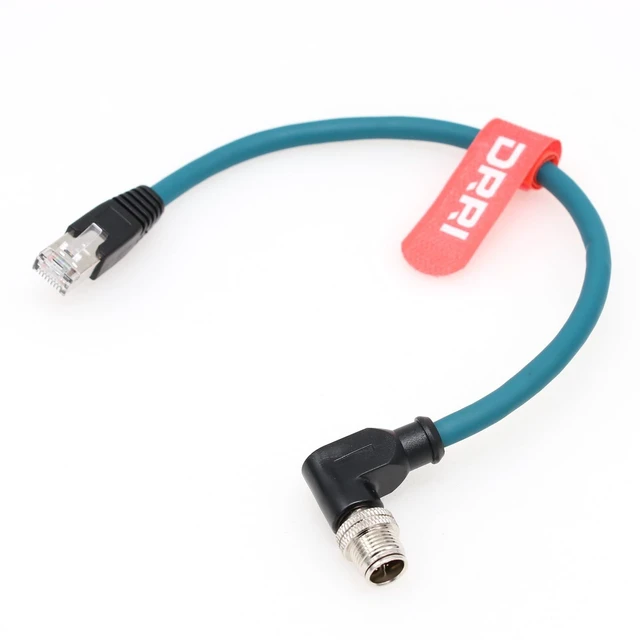 Main image of DRRI Right Angle M12 X-Coded 8 Pole to RJ45 10 Gbps Gigabit Ethernet Interface Cat 7e Shielded Cable for Cognex Cameras (3M)