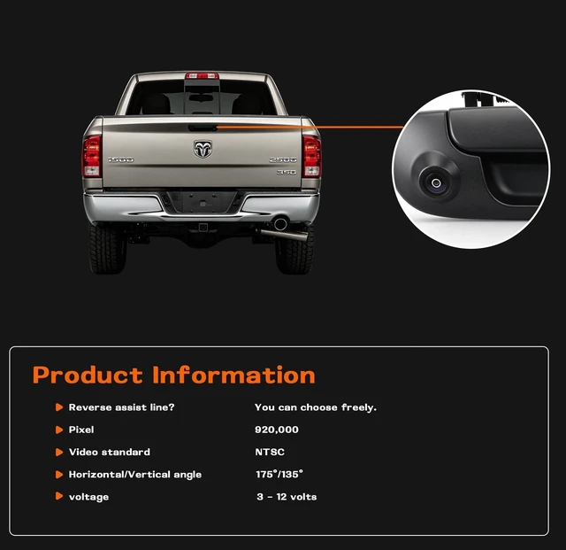Alt view image 4 of 5 - Tailgate Latch Door Handle Backup Camera, Rear View Reverse Night Vision Camera IP68 Waterproof, Compatible with 2002-2009 Dodge Ram 1500 2500 3500, OEM Replacement Part # 55276237AA