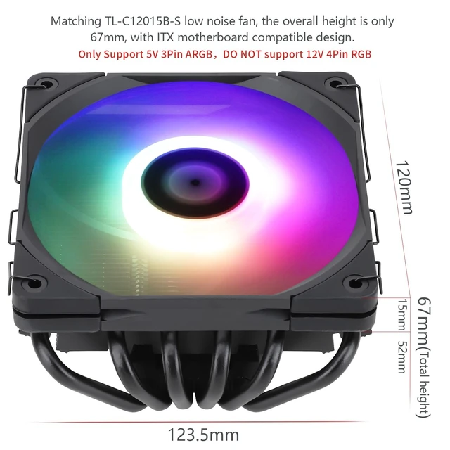 Alt view image 2 of 5 - Thermalright-TR AXP120-X67 Black ARGB Low Profile CPU Air Cooler with Quite 120mm TL-C12015B-S PWM Fan, 6 Heat Pipes, 67mm Height, for AM4/AM5/Intel LGA 1851/1700/1150/1151/1155/1200/20