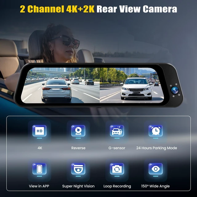 Alt view image 2 of 5 - 4K+2K Dual Mirror Dash Cam Front and Rear, 9.66 Inch FHD Car Camera Mirror Camera for Cars Car Camera with WiFi App Control Wide Angle Night Vision G-Sensor Loop Recording 24H Parking Monitoring