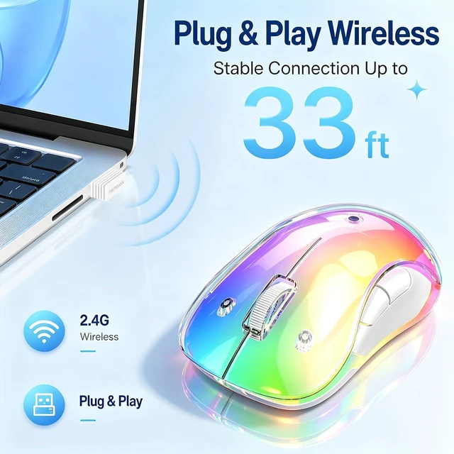 Alt view image 5 of 5 - 2.4G Wireless RGB Rechargeable Mouse, Transparent Computer Mouse with Detachable Magnetic DIY Cover,1400 DPI Optical Tracking, 5 Buttons, USBC Charging for Laptop PC Desktop MacBook (Blue)