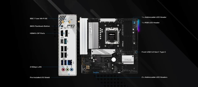 Alt view image 3 of 5 - ASRock AMD B850M Pro RS WiFi 6E Socket AM5 Ryzen 9000, 8000 and 7000 Series DDR5 B850 up to 8000+ (OC) MHz 256GB Micro ATX Motherboard M.2 SATA3 6.0 Gb/s PCIe 5.0 Realtek 2.5G LAN BIOS Flashback