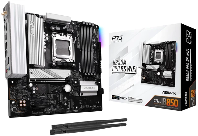 Main image of ASRock AMD B850M Pro RS WiFi 6E Socket AM5 Ryzen 9000, 8000 and 7000 Series DDR5 B850 up to 8000+ (OC) MHz 256GB Micro ATX Motherboard M.2 SATA3 6.0 Gb/s PCIe 5.0 Realtek 2.5G LAN BIOS Flashback