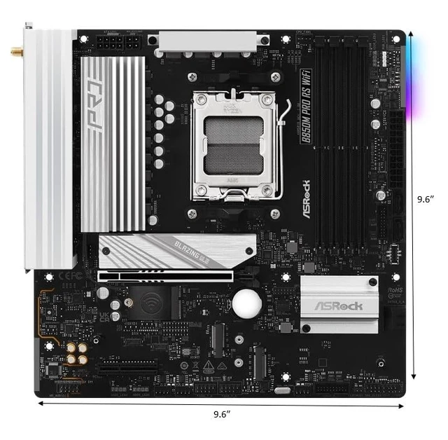 Alt view image 2 of 5 - ASRock AMD B850M Pro RS WiFi 6E Socket AM5 Ryzen 9000, 8000 and 7000 Series DDR5 B850 up to 8000+ (OC) MHz 256GB Micro ATX Motherboard M.2 SATA3 6.0 Gb/s PCIe 5.0 Realtek 2.5G LAN BIOS Flashback