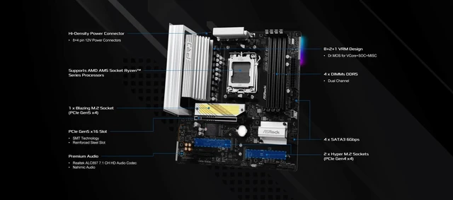 Alt view image 5 of 5 - ASRock AMD B850M Pro RS WiFi 6E Socket AM5 Ryzen 9000, 8000 and 7000 Series DDR5 B850 up to 8000+ (OC) MHz 256GB Micro ATX Motherboard M.2 SATA3 6.0 Gb/s PCIe 5.0 Realtek 2.5G LAN BIOS Flashback