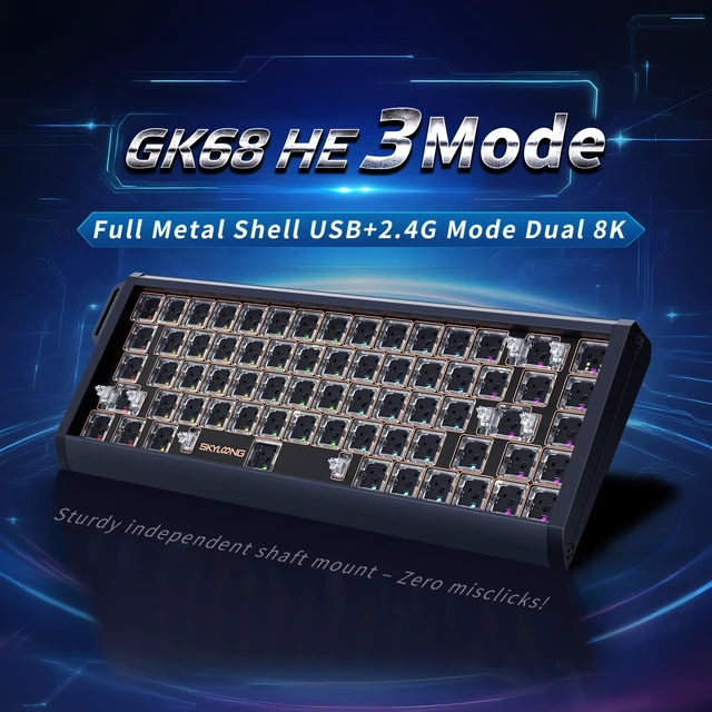 Alt view image 3 of 5 - Glacier Skyloong GK68HEAT Aluminum Case, Triple Mode Connection, Detachable USB-C, Side Print Keycaps, Hot Swappable Mechanical and Magnetic Keyboard (Contour Line/Black, Premium Aviator Cable)