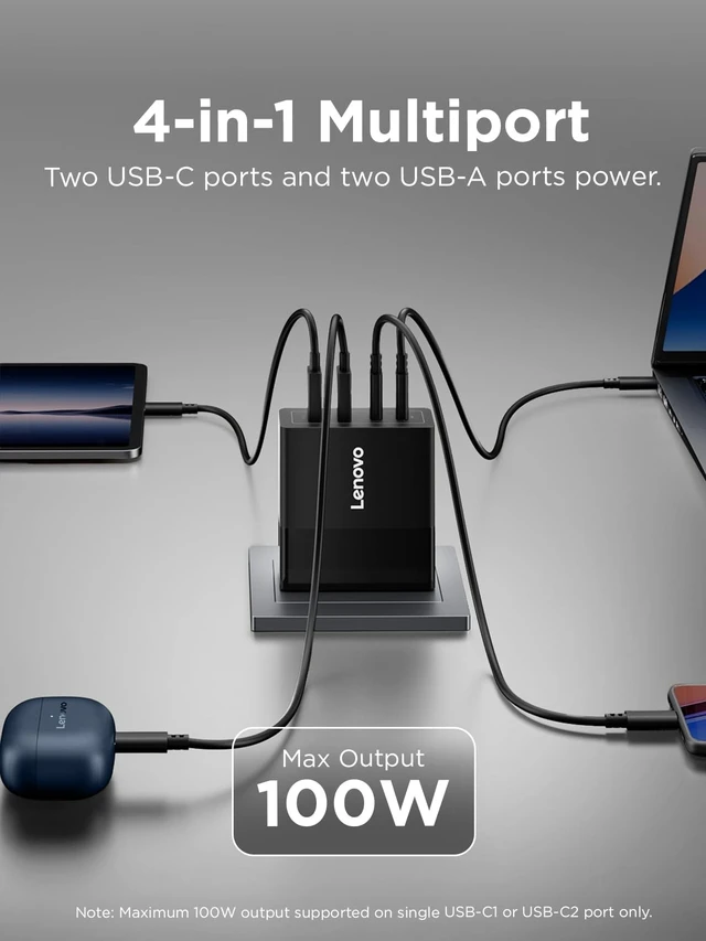 Alt view image 2 of 5 - Lenovo 100W USB C Charger, 4-Port Multi-Device Fast Charging, Black GaN Power Block with 240W Cable, for Thinkpad, MacBook, Dell XPS, iPhone, Samsung