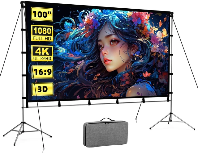 Main image of 100 Inch Projector Screen with Stand, Movie Projector Screen Indoor/Outdoor Front/Rear 16:9 4K HD with Carry Bag, Movie Screen for Home, Backyard, Camping Theater