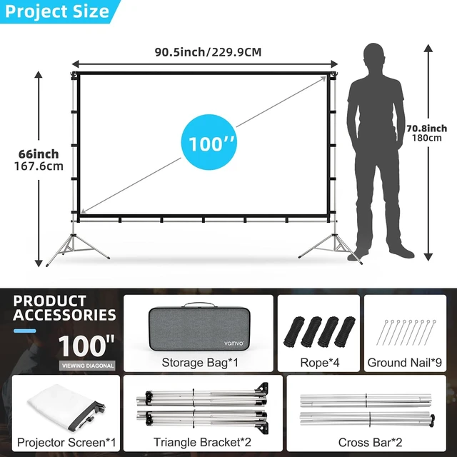Alt view image 4 of 5 - 100 Inch Projector Screen with Stand, Movie Projector Screen Indoor/Outdoor Front/Rear 16:9 4K HD with Carry Bag, Movie Screen for Home, Backyard, Camping Theater