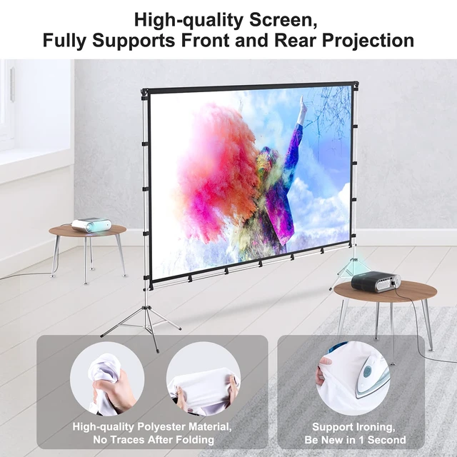 Alt view image 5 of 5 - 100 Inch Projector Screen with Stand, Movie Projector Screen Indoor/Outdoor Front/Rear 16:9 4K HD with Carry Bag, Movie Screen for Home, Backyard, Camping Theater