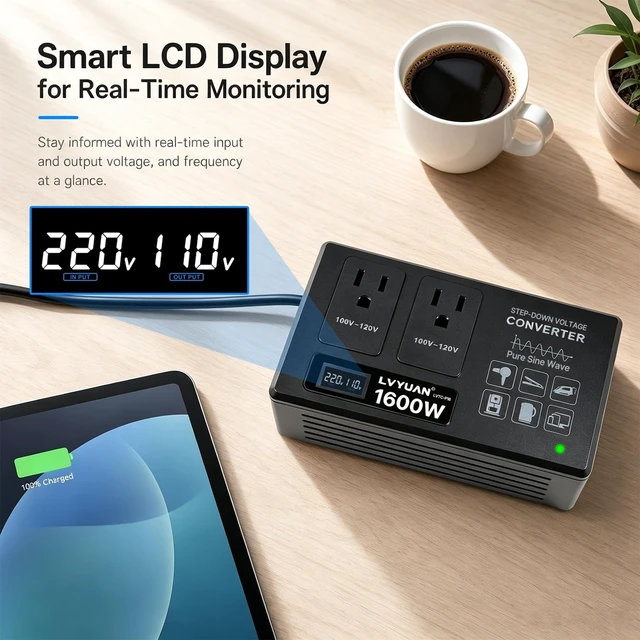 Alt view image 4 of 5 - LVYUAN 1600W Pure Sine Wave Step-Down Voltage Converter with LCD